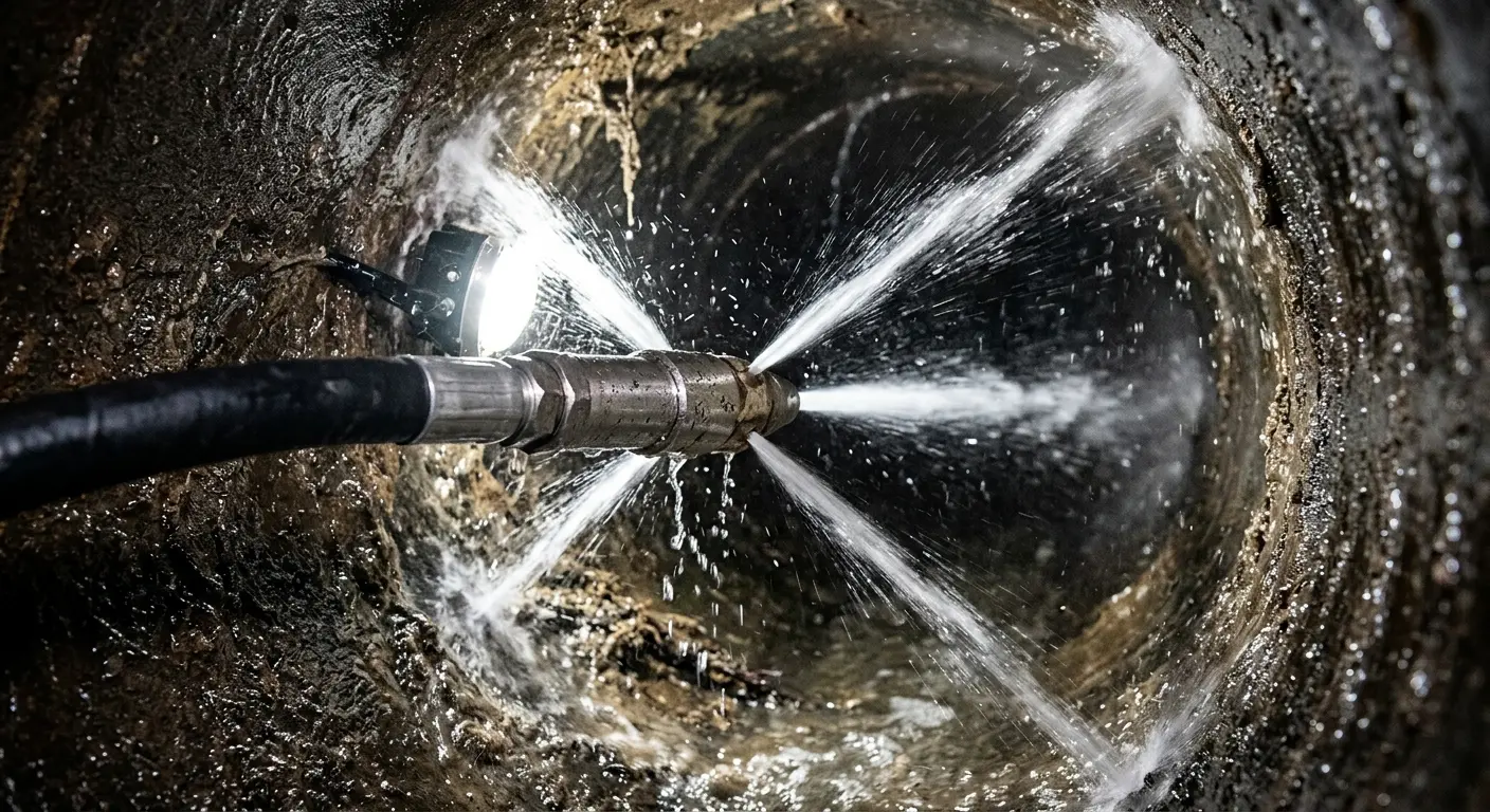 High-pressure hydro jetting nozzle cleaning sewer pipe for Emergency Drain Service in Cedar Rapids