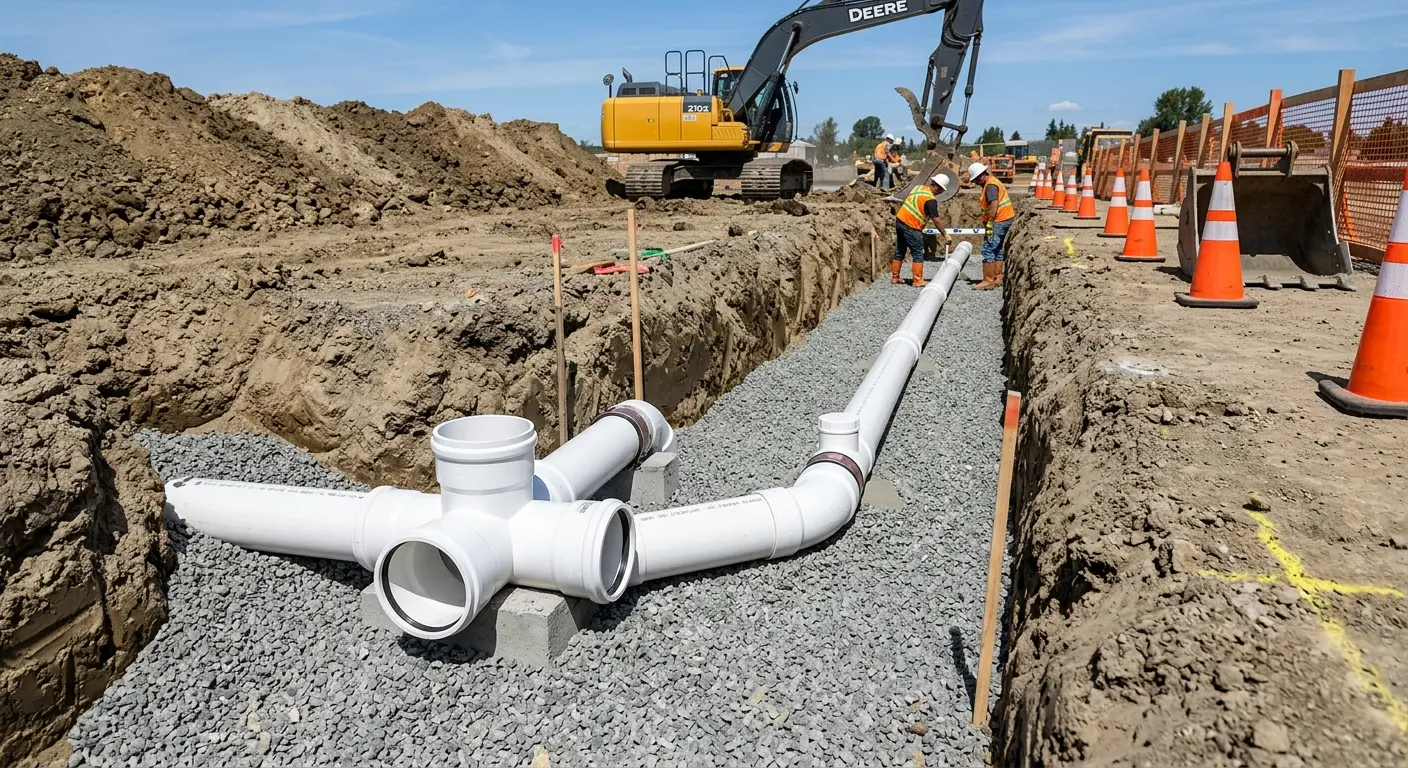 New PVC sewer pipe installation in open trench for Commercial Drain Cleaning in Cedar Rapids