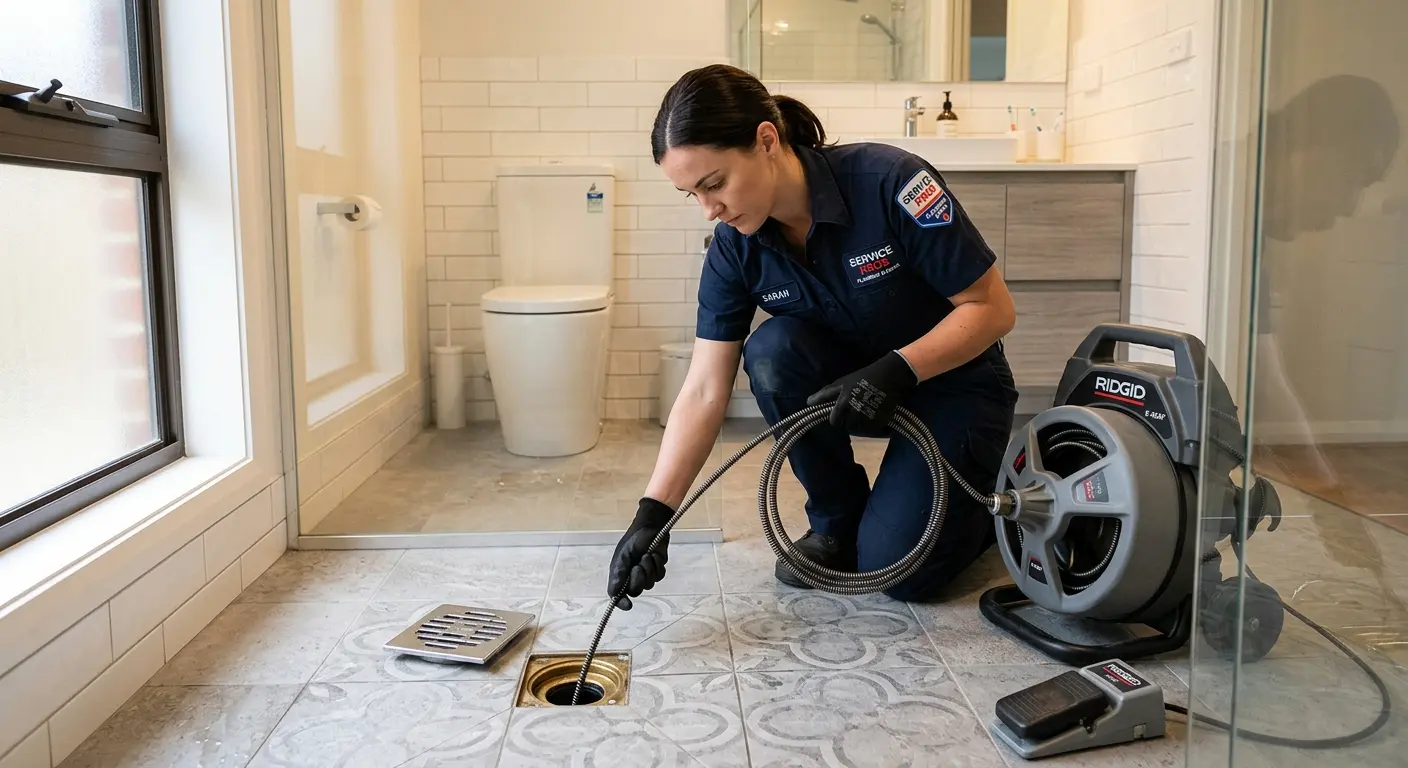 Technician clearing a bathroom floor drain for Clogged Drain Repair in Cedar Rapids